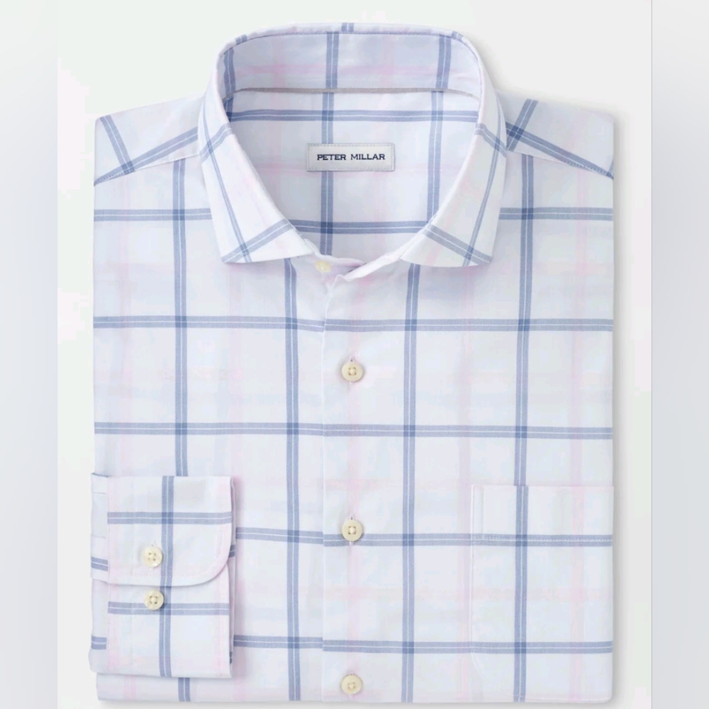 Peter Millar Abbot Crown Lite Cotton Stretch Men's Medium Plaid Shirt White New